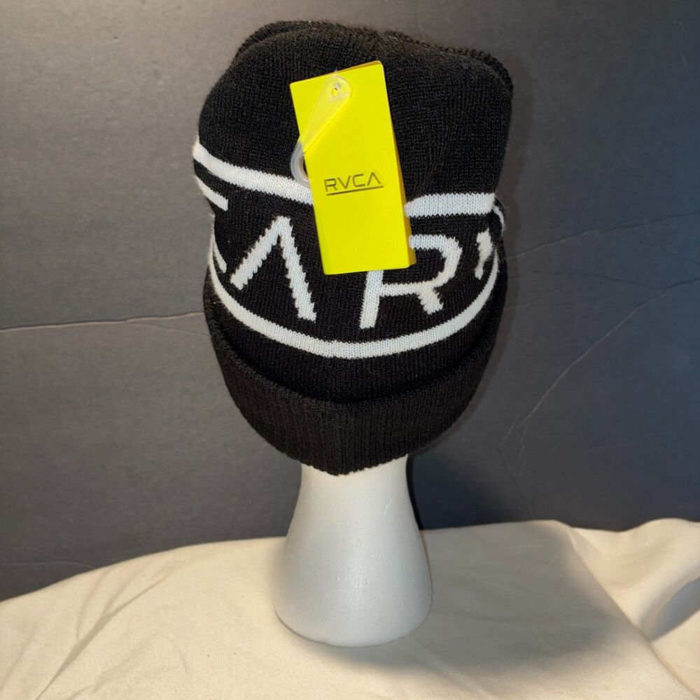 RVCA Carver Knit Beanie Hat Black White Intarsia Logo Skater Surf One Size
